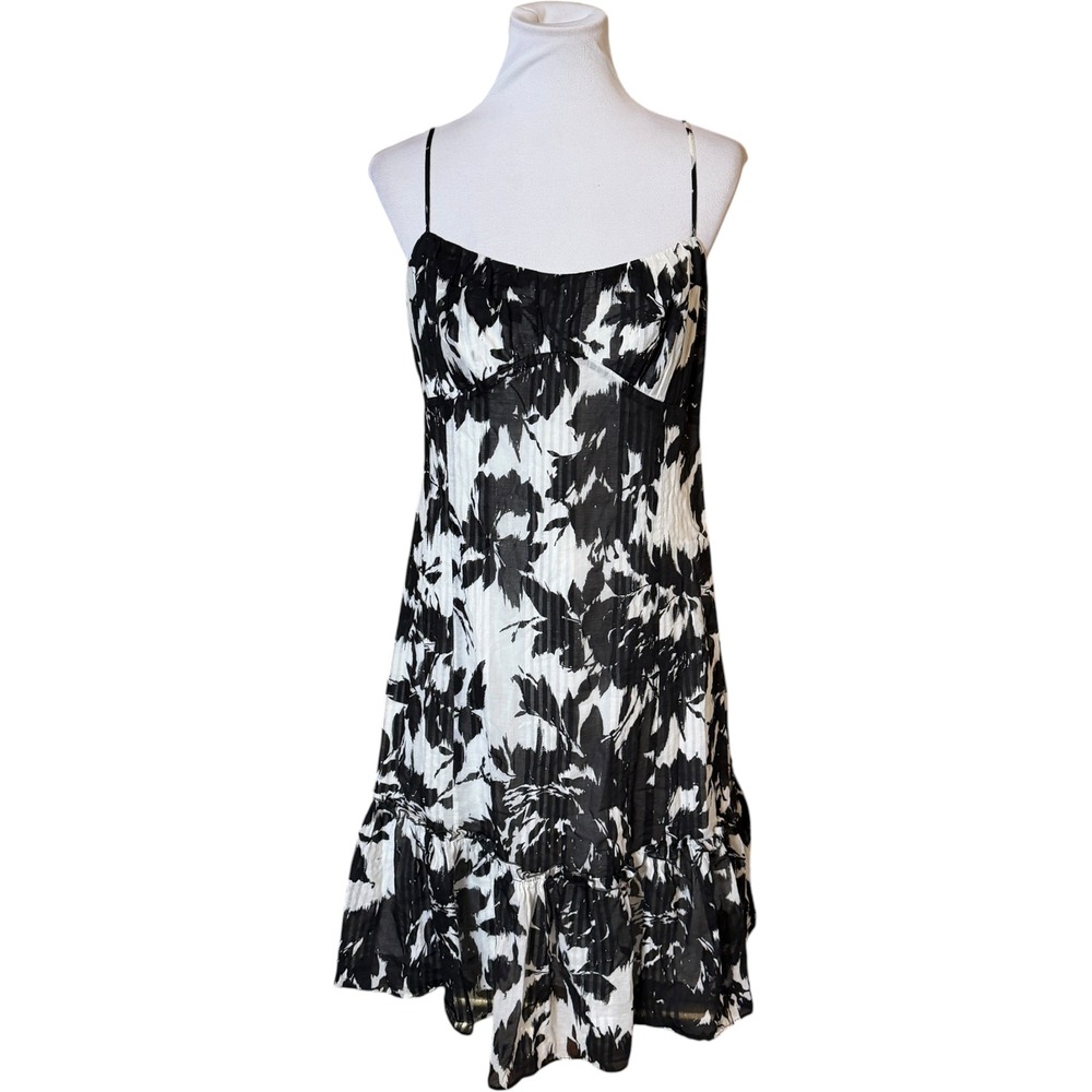 Ann Taylor LOFT Floral Sundress Womens 12 Black White Ruffle Hem Side Zip Cotton